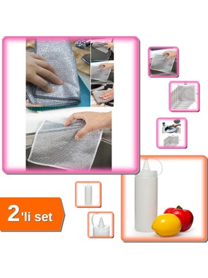 Hereveoyuncak 3 Adet Çok Fonksiyonlu Çizmeyen Tel Bulaşık Ovma Bezi + Şeffaf Sos Şişesi 400 ml - 2li Set K9E1T6
