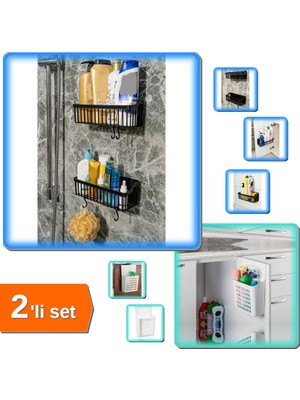 Hereveoyuncak 2 Adet Plastik Yapışkanlı Mutfak Rafı + Dolap Kapağına Asılabilen Deterjan Organizeri - 2li Set W0D7