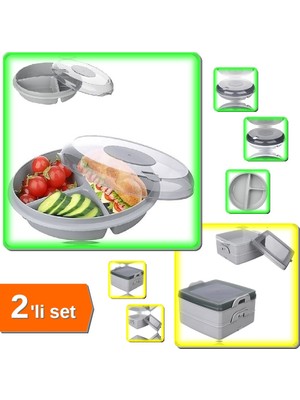 Hereveoyuncak 3 Bölmeli Kapaklı Pratik Kahvaltılık + 2 Katlı Kapaklı Saklama Beslenme Diyet Kabı - 2li Set V2V0M3