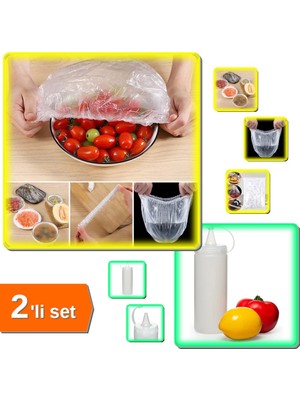 Hereveoyuncak 100 Adet Lastikli Tencere ve Tabak Bonesi Esnek Kapak + 400 ml Şeffaf Sos Şişesi - 2li Set T5V1V3