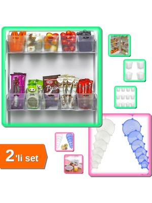 Hereveoyuncak 6 Adet Buzdolabı Içi Mini Düzenleyici Kutu + 6 Adet Tazeliği Koruyan Silikon Kapak - 2li Set Y7B1H5
