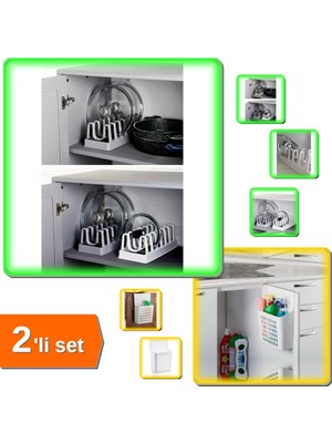 Hereveoyuncak 6 Bölmeli Tencere Kapak Rafı + Dolap Kapağına Asılabilen Pratik Deterjan Organizeri - 2li Set Y9P2M5