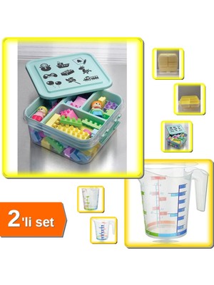 Hereveoyuncak Çok Amaçlı Bölmeli Oyuncak Hobi Saklama Kutusu + Dereceli Renkli Ölçü Kabı 300 ml - 2li Set Y2E7Q0
