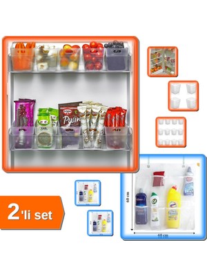 Hereveoyuncak 6 Adet Buzdolabı Içi Mini Düzenleyici Kutu + 8 Cepli Askılı File Mutfak Düzenleyici - 2li Set S2T9A5