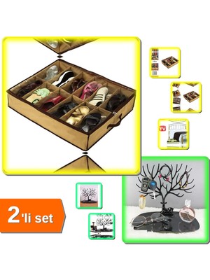 Hereveoyuncak 12 Bölmeli Portatif Ayakkabı Saklama Hurcu Model 2 + Siyah Geyik Mücevher Organizeri - 2li Set G3J4R