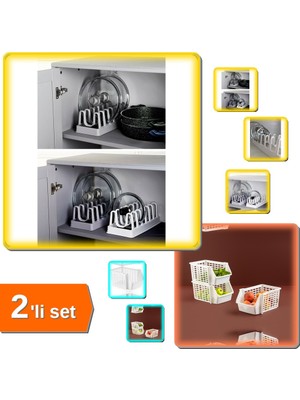 Hereveoyuncak 6 Bölmeli Tencere Kapak Rafı Organizeri + Katlı Düzenleyici - Kat Kat Düzenleyici - 2li Set W3A6P1