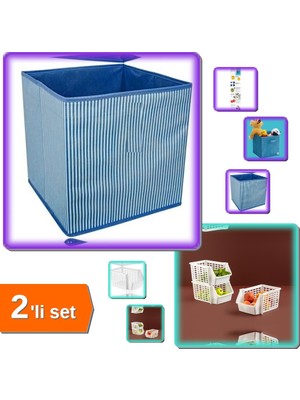 Hereveoyuncak Dolap Içi Düzenleyici Kutu Mavi Çizgili + Kat Kat Düzenleyici - Katlı Düzenleyici - 2li Set V4X4D0