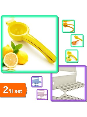 Hereveoyuncak Limon Sıkacağı - Limonatör Plastik + 12 Bölmeli Kapaklı Buz Kalıbı - 2li Set J7X2Q1