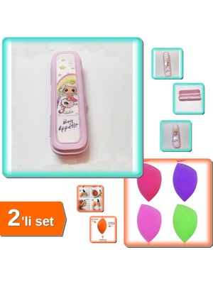 Hereveoyuncak Pembe Çanta Içi Kapaklı Kalemlik Diş Fırçası Saklama Kutusu + Mucize Makyaj Süngeri - 2li Set Z5W1E7