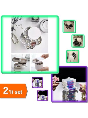 Hereveoyuncak 4 Katlı Dönebilen Silindir Takı ve Makyaj Organizer + Kulak Çubuğu Kutusu - 2li Set Z8Z0G1