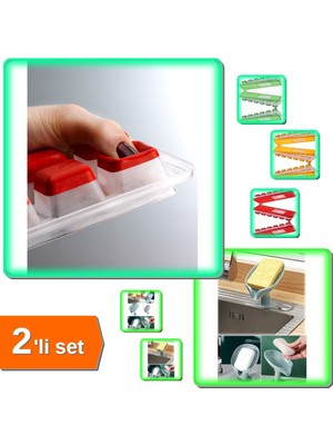 Hereveoyuncak Kapaklı Buz Kalıbı Yapışmaz + Vantuzlu Su Giderli Drenaj Katı Sabunluk Süngerlik - 2li Set U6Y8S4