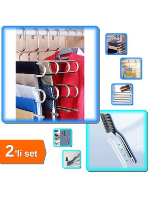 Hereveoyuncak Pantolon Askısı 5 Katlı + Cımbızlı Fırça Kademeli Kesim Pratik Temizlik Çözümü - 2li Set H3N1G8
