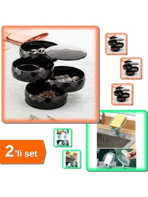 Hereveoyuncak 360 Derece Dönebilen 4 Katlı Takı Organizer + Vantuzlu Su Giderli Katı Sabunluk - 2li Set K6Z1V6