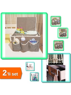 Hereveoyuncak 5 Bölmeli Bebek Beşik Başucu Düzenleyici Kapaklı + 6 Adet Çekmece Havluppan Askı - 2li Set B7H7Q0