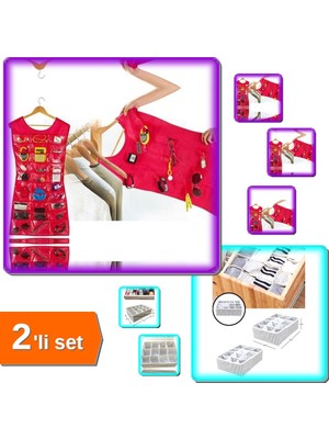 Hereveoyuncak Elbise Şeklinde Takı Organizeri Pembe + 12 Bölmeli Çekmece Düzenleyici - 2li Set R6V1V8