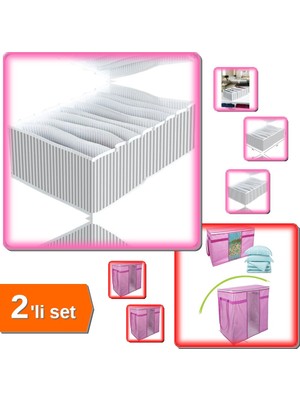 Hereveoyuncak 8 Bölmeli Xl Çekmece Çamaşır Düzenleyici + Pencereli Saklama Hurcu Pembe Beyaz Çizgili - 2li Set M6N