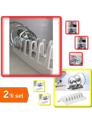 Hereveoyuncak 6 Bölmeli Tencere Kapak Rafı Organizeri + 8 Bölmeli Beyaz Tencere Kapak Organizeri - 2li Set E3W0W1