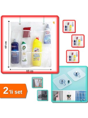 Hereveoyuncak 8 Cepli Askılı Mutfak Banyo Düzenleyici + 3 Adet Yapışkanlı Mutfak Banyo Raf Tutucu Askı - 2li Set L8A9D5