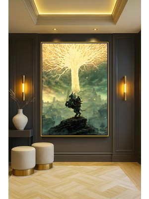 Wallivo Elden Ring Epik Sahne - Model 4 Fantastik Sanat Gümüş Metal Çerçeveli Kanvas Tablo