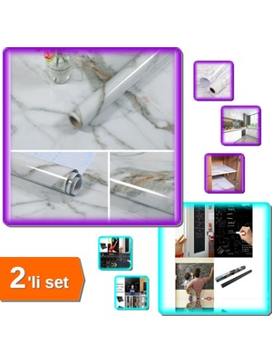 Hereveoyuncak Su Geçirmez Mermer Desenli Yapışkanlı Folyo + Kara Yazı Tahtası Sticker Blackboard - 2li Set N9N9E8