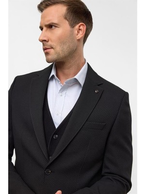 Süvari Siyah Regular Desenli Mono Yaka 6 Drop Ceket