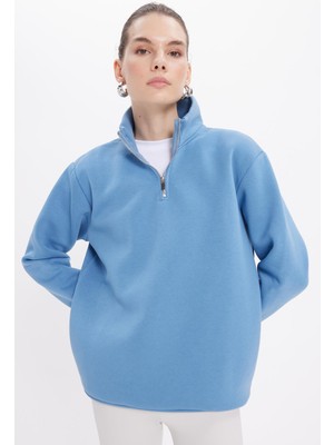 Tudors Kadın Relax Fit Rahat Kesim Pamuklu Içi Polarlı Yarım Fermuarlı Mavi Dik Yaka Sweatshirt
