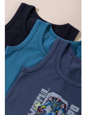 Baykar Erkek Çocuk Pamuklu Bisiklet Yaka Baskılı Atlet Tişört 3'lü Paket 2538 Renkli