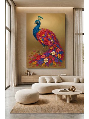 Wallivo Çiçek Motifleriyle Süslenmiş Renkli Tavuskuşu Kanvas Tablo