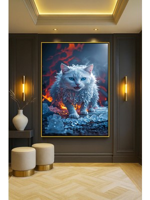 Wallivo Buza Sarılmış Beyaz Kedi Evcil Hayvan Temalı Gold Metal Çerçeveli Kanvas Tablo