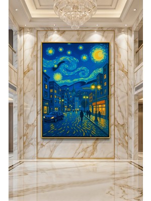 Wallivo Modern Şehirde Yıldızlı Gece Van Gogh Tarzında Dışavurumcu Bronz Metal Çerçeveli Kanvas Tablo
