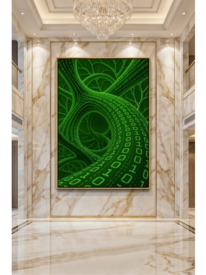Wallivo Teknolojik Ağ ve Dijital Doğa Temalı Yeşil Binary Kodlu Soyut Bronz Metal Çerçeveli Kanvas Tablo
