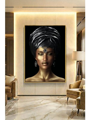 Wallivo Ihtişamlı Perçemli Siyahi Kadın Model 2 Gümüş Metal Çerçeveli Kanvas Tablo