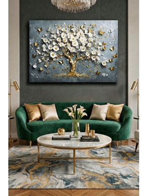 Wallivo Gri Temalı Ağaç ve Çiçek Motifi - Melankolik ve Şık Kanvas Tablo