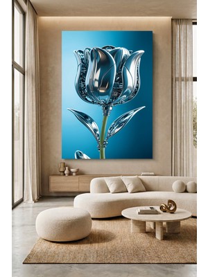 Wallivo Gümüş Gül ve Yaprakları Soluk Mavi Tonlar Model 1 Kanvas Tablo