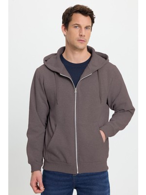 Tudors Unisex Relax Fit Rahat Kesim Pamuklu Içi Polarlı Çift Cepli Tam Fermuarlı Gri Kapüşonlu Sweatshirt