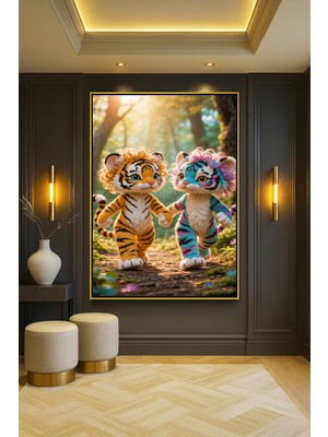 Wallivo Bebek Oyuncak Model 5 Kaplan Çocuk Gümüş Metal Çerçeveli Kanvas Tablo