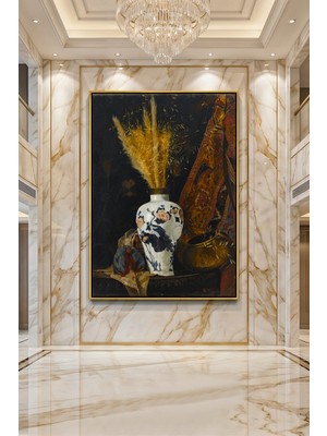 Wallivo Osman Hamdi Bey Natürmort Vazo ve Başaklar Gümüş Metal Çerçeveli Kanvas Tablo