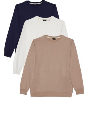 Tudors Erkek 3'lü Taş-Beyaz-Lacivert Relax Fit Rahat Kesim %100 Pamuk 2 Iplik Bisiklet Yaka Sweatshirt