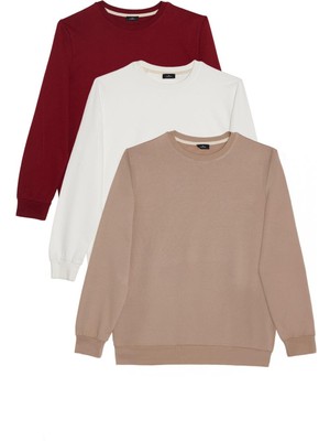 Tudors Erkek 3'lü Taş-Beyaz-Bordo Relax Fit Rahat Kesim %100 Pamuk 2 Iplik Bisiklet Yaka Sweatshirt