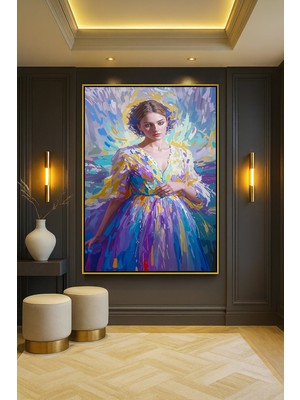 Wallivo Renkli Elbiseli Kadın Yağlıboya Tarzı Gold Metal Çerçeveli Kanvas Tablo