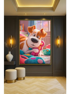 Wallivo Kafası Karışmış Görünümlü Pelüş Köpek Bronz Metal Çerçeveli Kanvas Tablo