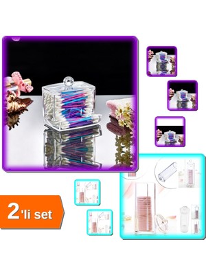 Hereveoyuncak Kulak Çubuğu Organizeri + Şeffaf Kapaklı Makyaj Pamuğu Düzenleyici - 2li Set F8Y4C3
