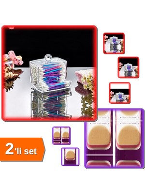 Hereveoyuncak Kulak Çubuğu Organizeri + 2 Adet 7 cm Yuvarlak Mucize Makyaj Pudra Allık Süngeri - 2li Set M8P1S6
