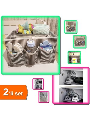 Hereveoyuncak 5 Bölmeli Tutturma Aparatlı Bebek Beşik Başucu Düzenleyici + 6 Bölmeli Tencere Kapak Rafı - 2li Set