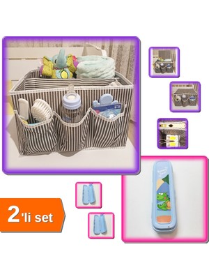 Hereveoyuncak 5 Bölmeli Tutturma Aparatlı Bebek Beşik Başucu Düzenleyici + Mavi Kapaklı Saklama Kutusu - 2li Set