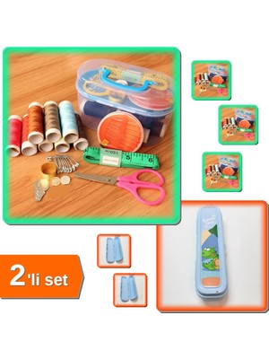 Hereveoyuncak Dikiş Seti Kutusunda Iğne Iplik Makas + Mavi Kapaklı Çanta Içi Saklama Kutusu - 2li Set M8W8E4