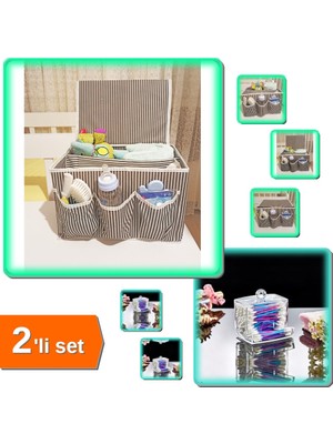 Hereveoyuncak 5 Bölmeli Bebek Beşik Başucu Düzenleyici Kapaklı Organizeri + Kulak Çubuğu Kutusu - 2li Set X6D8E3