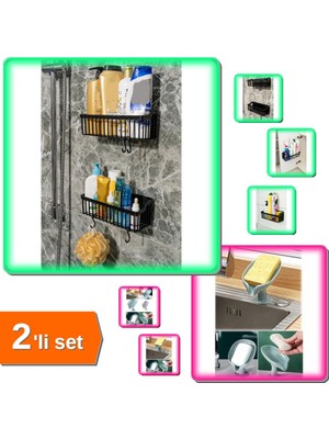 Hereveoyuncak 2 Adet Plastik Yapışkanlı Askılı Mutfak Rafı + Vantuzlu Su Giderli Katı Sabunluk - 2li Set U2Q8A7