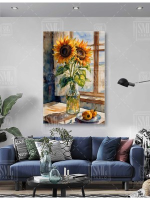 SML Tablo Cam Vazo Ayçiçeği Sarı Çiçek Gündöndü Günebakan Çiçeği Dikey Kanvas Tablo