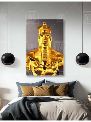 SML Tablo Gold Altın Efekti Antik Mısır Firavun Akhenaton Taş Heykel Büst Oyma Mermer Kral Dikey Kanvas Tablo